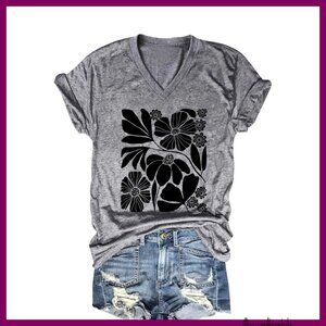 V Neck Short Sleeve T-Shirt Bohemian Wildflower Graphic Print Summer Casual Top
